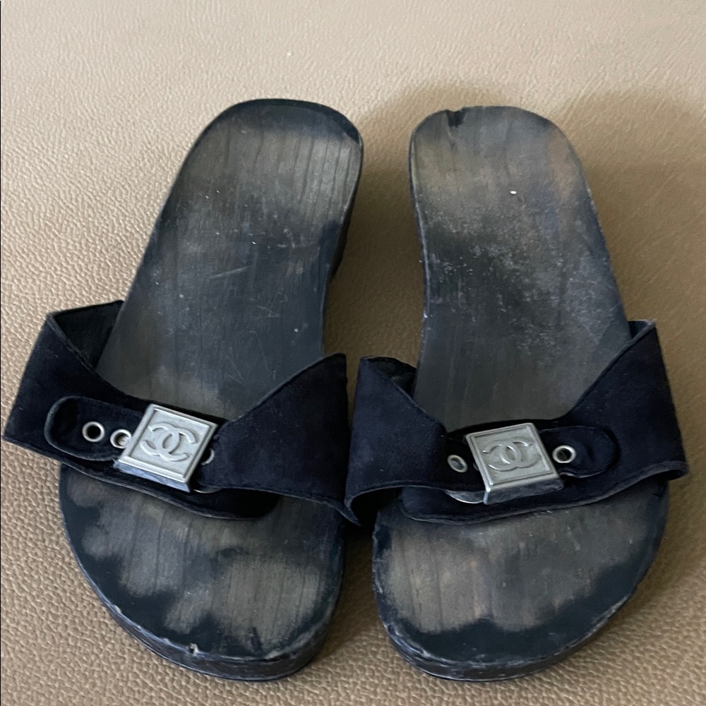 CHANEL Black Suede Slides with Silver Logo